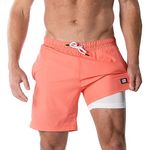 Third Wave Swim Trunks with Compression Liner - Men's Premium 7 Inch Inseam Quick Dry Swim Shorts for Beach and Swimming, Coral, X-Small