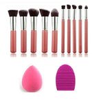 URBANMAC Makeup Brushes Set Tool Pro Foundation Eyeliner Eyeshadow (Pink) 10 pcs with Sponge Puff and Cleaner