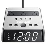 JACKYLED Alarm Clock with USB Charger Power Strip Total 4.8A USB Ports LED Full Screen Surge Protector 6.5ft Cord 4 Dimmer for Heavy Sleepers Compatible with Phone Tablet Computer Black Silver