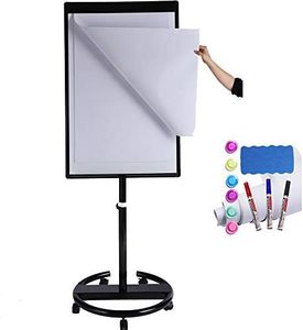 DexBoard Magnetic Mobile Whiteboard/Height Adjustable Dry Erase Board Easel on Rolling Stand, 40 X 28 Inch, w/Flipchart Easel Pad, Magnets & Eraser, Black