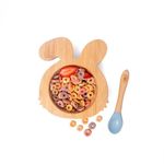 Kids Station Rabbit Wooden Feeding Bowl with Spoon for Babies – Blue | Eco-Friendly Self-Feeding Baby Tableware Set (2 pcs, Blue)