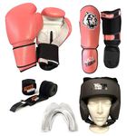 Tiger Pro and Bruiser Kids Sparring Set - Youth Unisex (5-12 Years) - 6oz & 8oz - Kickboxing, Muay Thai, Taekwondo - Gloves, Shin Guards, Hand Wraps, Helmet, Gum Shield (Pink, Small)