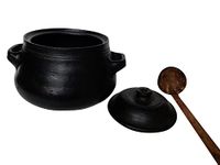 Beverlion LPG and Microwave Unglazed Clay Pot Hand Made/Earthen Pot for Cooking Biriyani Pot with Lid and Coconut Shell Spatula- 5 Litter (Black)