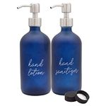 Darware Navy Lotion/Sanitizer Pump Bottles (Set of 2, Navy Blue); Glass Pump Dispenser Bottles for Hand Care, Pre-Labeled