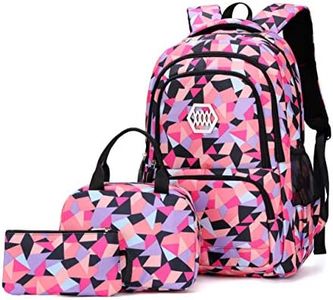 3Pcs Geometric Print Girls Backpack with Lunch Bag, Geometric Kids Backpack for Girls School Bag Elementary Bookbag