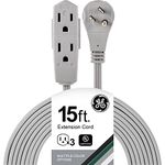 GE Indoor Office Extension Cord, 15 Ft Power Cable, 3 Grounded Outlets, 3-Prong, Low-Profile Flat Plug, 16 Gauge, UL Listed, Gray, 43026