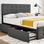 Queen Bed Frame with 4 Storage Drawers and Headboard, IDEALHOUSE Adjustable Upholstered Headboard Beds Mattress Foundation with Wood Slat Support, No Box Spring Needed