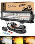 NAOEVO 12 inch LED Light Bar, 300W 30000LM Offroad Fog/Driving Lights LED Pods with 1 Lead Wiring Harness, Spot & Flood LED Work Lights for Truck Boat UTV ATV, 1PC (White/Amber/White&Amber)