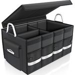 Oasser Trunk Organizer for SUV, Car Trunk Storage Organizer Collapsible Multi-compartments Car Cargo Organizer with Aluminium Handle, Foldable Lid, Reflective Strip, Non Slip Bottom E3 Black