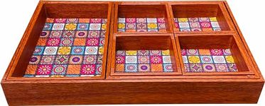 Enigmatic Woodworks Wooden Serving Trays - Decorative Tray Set of 7 I Home Decor I Breakfast I Coffee Table I Dining Table I Bathroom Decor | Bed Tray (Red Rangoli)