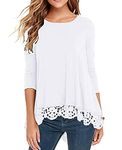 Qixing Women's Tops Long Sleeve Lace Trim O-Neck A Line Tunic Blouse White Small