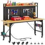 DWVO 60" Adjustable Workbench with Pegboard, Heavy Duty Wood Top Work Bench with Wheels, 1600 LBS Load Capacity, Rolling Work Table with AC/USB Outlet, Hooks, Rack for Garage, Workshop, Office, Home
