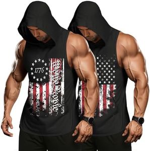 COOFANDY Men's 2 Pack Workout Hooded America Flag Tank Tops Bodybuilding Muscle Cut Off T Shirt Sleeveless