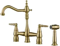 ALEASHA 4 Hole Brushed Gold Kitchen Faucet with Side Sprayer, Centerset Bridge Faucet for Sink, Brass, 2 Handles, Deck Mount