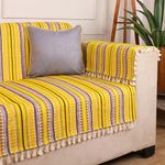 STITCHNEST Woven 3 Seater Sofa Protector with 2 Hand Rest Covers – Yellow & White Stripe Design – Washable Fabric with Tassels – Stylish Sofa Cover for Modern Living Room & Furniture Décor