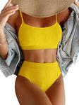 JJAI Womens High Waisted Bikini Set Ribbed Two Piece Bathing Suits Swimsuit Spaghetti Strap Swimwear Yellow