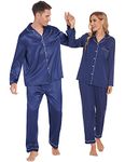 Ekouaer Pjs Men's Silk Satin Pajama Set Winter Warm Sleepwear Lightweight Long Sleeve Nightwear with Pockets (Navy,XL)