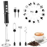 FITNATE Rechargeable Milk Frother –1200mah Electric Foam Maker with Metal Frother Stander,Standing Charging,16PCS Coffee Stencils, with 3 Whisks for Coffee Latte Cappuccino Cake Egg Hot Chocolate