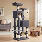 Feandrea Cat Tree Tower, 155 cm Multi-Level Cat Condo with 5 Scratching Posts, 2 Perches, 2 Caves, Hammock, 2 Pompoms, Smoky Gray UPCT192G01