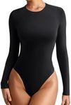 REORIA Women's Long Sleeve Bodysuits Crew Neck Slim Double Lined Basic Layering Body Suits Fall Going Out Tops Winter Outfits 2024(Black X-Small)