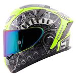 Steelbird Thermoplastic SA-2 Terminator 2.0 Aerodynamic Full Face Graphic Helmet (Large 600mm, Glossy Fluo Neon Grey with Clear Visor and Extra Rainbow Visor)