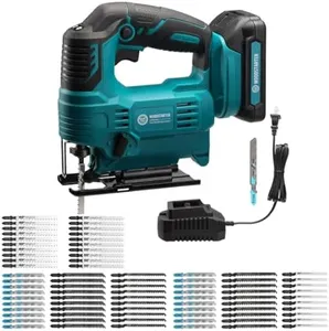 WOODSTARTER Cordless Jigsaw Tool with Battery & Charger and 80 Piece T-Shank Multi-Purpose Jigsaw Blades Set Bundle