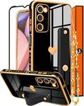 Likiyami (3in1) for Samsung Galaxy A03S Phone Case Heart for Women Girls Girly Cute Luxury Pretty Aesthetic with Stand Cases Black and Gold Plating Love Hearts Cover+Screen+Chain for Galaxy A03S 6.5"