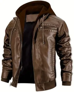 INVACHI Men's Faux Leather Motorcycle Jacket Waterproof Vintage Bomber Jackets with Removable Hood