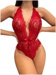 OYOANGLE Women's Floral Lace Deep V Neck Tie Backless Halter Teddy Bodysuit Scallop Trim One Piece Babydoll Red X-Large