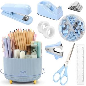 SKYDUE Desk Organizers and Accessories 10Pcs, 360-Degree Rotating Pen Holder, Stapler, Staple Remover, Tape Dispenser,2pcs Tape Refills, Binder Paper Clips Kit, Scissor (Blue)