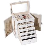 BOOVO Jewelry Box for Women, 6 Layer Large Jewelry Organizer with Mirror, Multi-Function Storage Box with Lock, Accessory Holder with 5 Drawers, for Earrings Necklace Ring Bracelet (White)