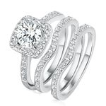 Gemsme 18K White Gold Plated Three-in-One Wedding Engagement Eternity Rings Halo Cubic Zirconia Bridal Rings Set (7.5)