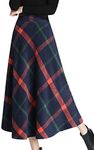 Tanming Women's Winter Warm Elastic Waist Wool Plaid A-Line Pleated Long Skirt (DarkBlue-S)