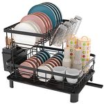 E-MANIS Dish Drainers, Double Layer Dish Rack with Drainage Plate and Rotating Nozzle, Dish drying Rack with Tableware Rack and Cup Holder（Black）