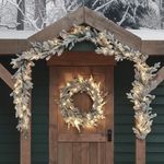 Lights4fun Dual LED Pre Lit Artificial Snowy Outdoor Battery Operated Christmas Wreath and Garland Bundle