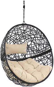 Sunnydaze Jackson Resin Wicker Hanging Egg Chair - 265-Pound Weight Capacity - Removable Cream Polyester Cushions