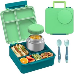 Bento Lunch Box Set for Kids with 8oz Soup Thermo, Leak-Proof Lunch Containers with 4 Compartment, Thermo Hot Insulated Food Jar and Foldable Fork Spoon, for Kids to School (Greener)