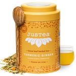 JusTea TURMERIC GINGER | Loose Leaf Herbal Tea | Tin with Hand Carved Tea Spoon | 40+ Cups (110g) | Caffeine Free | Award-Winning | Fair Trade | Non-GMO