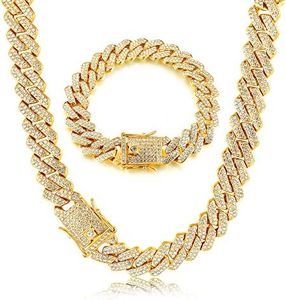 Kakonia Cuban Link Chain Iced Out for Men 14MM Miami Cuban Link Choker Necklace Bracelet 18K Gold Plated Bling Diamond Chain Bracelet Hip Hop Jewelry for Men Women