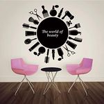 Hair Beauty Salon Barbershop Wall Decal The World of Beauty Wall Decor Stickers Poster Hairdressing Tools Stickers BK052 (M-15.8X15.8inch, Black)