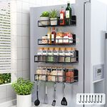 Lunememo Magnetic Spice Rack for Fridge, 4 Pack Magnetic Shelf Organizer with 8 Hooks, Strong Magnet & No Drilling, Black