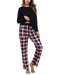 Uniexcosm Women's Pyjama Sets Cotton Checked Loungewear Set Long Sleeve Cotton Top and Pants Sleepwear for Ladies Black