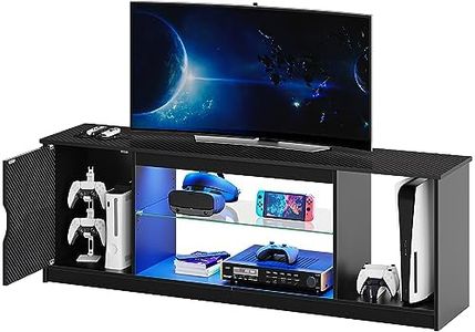 Bestier Led Entertainment Center for PS5, Gaming TV Stand with Cabinet for 60/65 Inch TV, Modern TV Console with Adjustable Glass Shelf for Living Room Easy Assembly Carbon Fiber Black