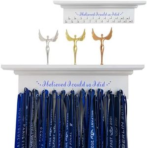 wisnew Premium Wooden Trophy Shelf and Medal Hanger Featuring Sturdy Ribbon Hooks. Wall Mount Medal Holder Display Gymnastics, Soccer, Running Race Medals Award. (Blue)