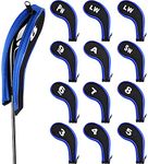 HAOSEA 12Pcs Golf Iron Head Cover,Printing Irons Head Covers Set Club Heads Protector Wedge Head covers with Zip (Black+Blue)