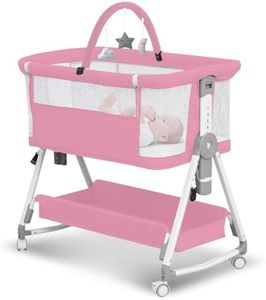 Baby Bassinet,3 in 1 Bedside Bassinet for Baby with Hanging Toys, Portable Foldable Baby Bassinets Bedside Sleeper,4-Sided Mesh Bedside Crib with Wheels and Storage Basket,6 Height Adjustable (Pink)