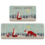 Tailus Hello Winter Fox Cardinal Blue Kitchen Rugs Set of 2, Red Birds White Birch Trees Moon Snowy Kitchen Mats Decor, Christmas Holiday Seasonal Floor Door Mat Home Decorations -17x29 and 17x47 Inch