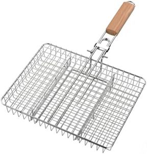 12.6 Inch Stainless Steel Folding Grill Basket, Large Portable BBQ Grilling Rack for Fish and Vegetables, Divided Design