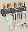 Deejay Kitchen Shelf Wall Mount Knife Holder,Towel Hanger, Spatula Ladle Hanging Hooks, Cutlery Holder Storage Rack High Grade Metal Multi-Purpose (44 x 4.5 x 8cm)