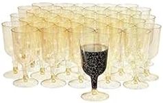 MATANA 50 Elegant Clear Hard Plastic Wine Glasses with Gold Glitter (170ml) - Sturdy & Reusable Glasses for Cocktails, Dessert - Birthdays, Weddings, Christmas, BBQ, Picnic, Parties